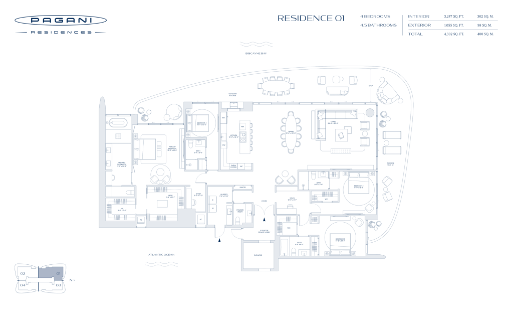 Pagani Residences Miami floor plan – Residence 01 · 4 Bed / 4.5 Bath · 3,247 sf + 1,055 sf terrace · Floors 9–27