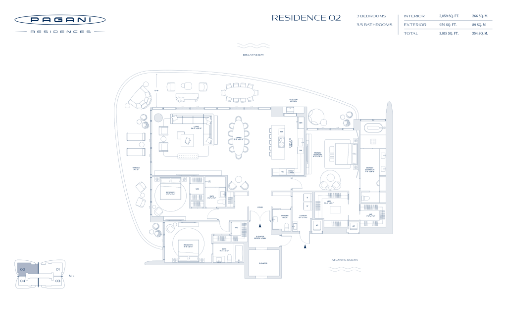 Pagani Residences Miami floor plan – Residence 02 · 3 Bed / 3.5 Bath · 2,859 sf + 956 sf terrace · Floors 9–27