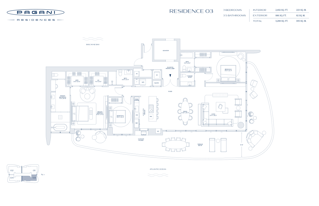 Pagani Residences Miami floor plan – Residence 03 · 3 Bed / 3.5 Bath · 2,402 sf + 886 sf terrace · Floors 9–27