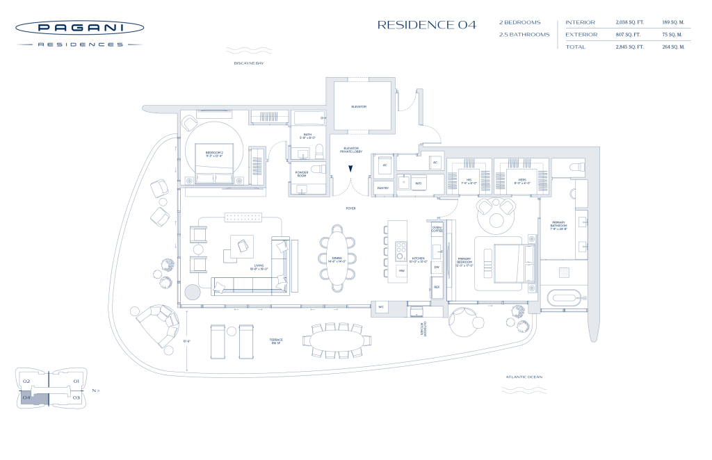 Pagani Residences Miami floor plan – Residence 04 · 2 Bed / 2.5 Bath · 2,038 sf + 807 sf terrace · Floors 9–27