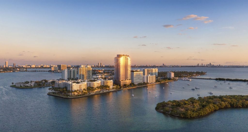 Aerial view of Pagani Residences Miami and North Bay Village at dusk